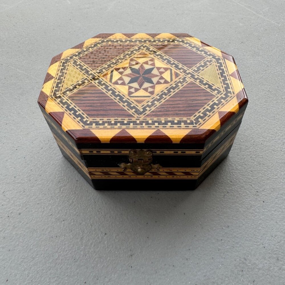 Vintage Inlaid Wooden Box Trinket Jewelry Hinged Box, Mirror inside